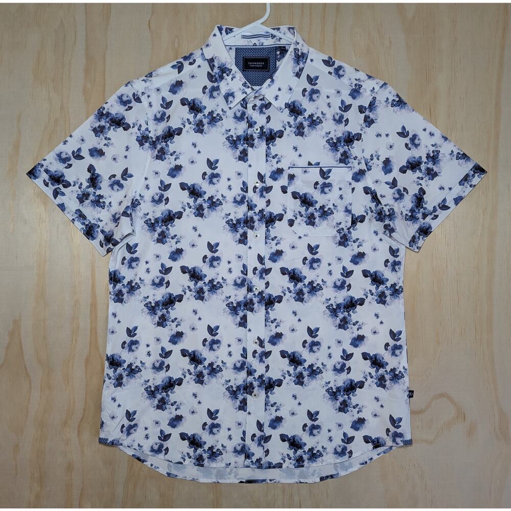 7 Diamonds Men's Large Shirt Groovy Wonder 4 Way Stretch Floral White Blue